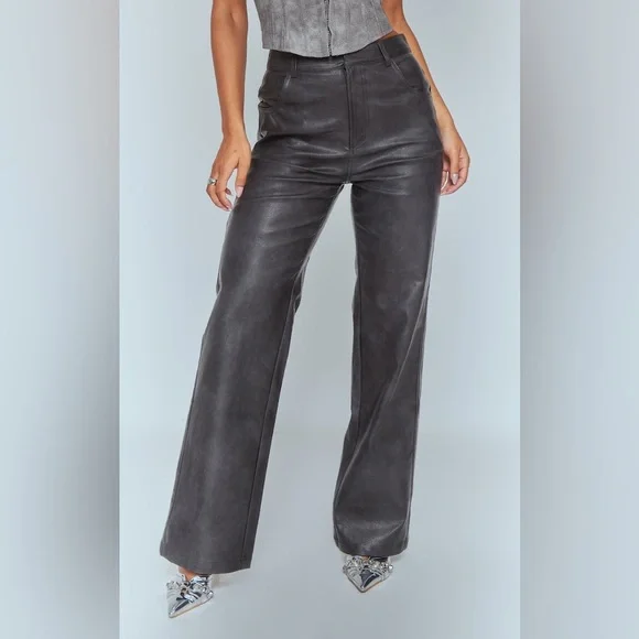 Pretty Little Thing Washed Black Faux Leather Straight Leg Trousers US 10 New - Picture 3 of 11